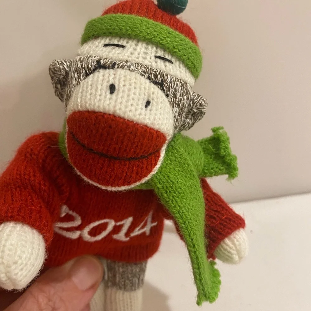 Set of 2 Red and Green Knit Monkey Ornament 2014 & 2015 (F)